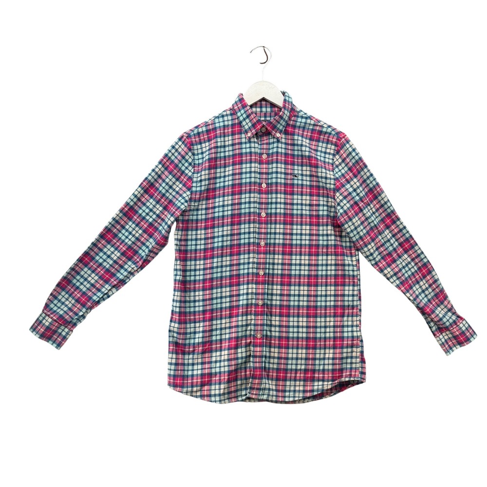 Vineyard Vines Kids Large 16 Whale Shirt Pink Blue Plaid Button Down Cotton Long - Picture 2 of 5